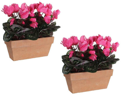 Mica Decorations 2x stuks cyclaam balkon kunstplanten roze in keramieken pot L29 x B13 x H33 cm