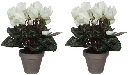 Mica Decorations 2x stuks cyclaam kunstplanten wit in keramieken pot H30 x D30 cm - Kunstplanten