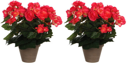 Mica Decorations 2x stuks donkerroze Begonia kunstplant 30 cm in grijze pot - Kunstplanten