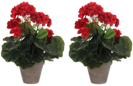 Mica Decorations 2x stuks geranium kunstplanten rood in keramieken pot H34 x D20 cm - Kunstplanten