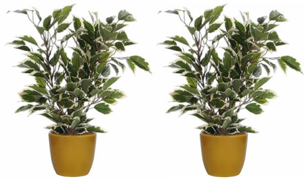 Mica Decorations 2x stuks groen/witte ficus kunstplant 40 cm met plantenpot okergeel D13.5 en H12.5 cm - Kunstplanten