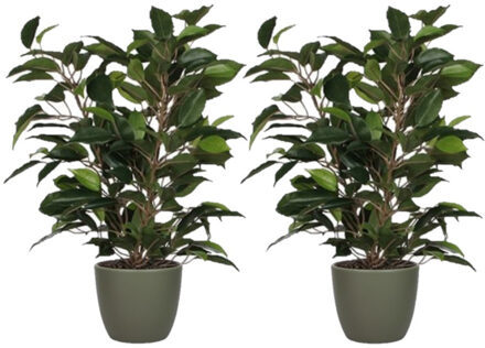 Mica Decorations 2x stuks groene ficus kunstplant 40 cm met plantenpot dennengroen D13.5 en H12.5 cm