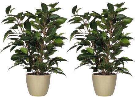 Mica Decorations 2x stuks groene ficus kunstplant 40 cm met plantenpot parelgoud D13.5 en H12.5 cm - Kunstplanten Goudkleurig