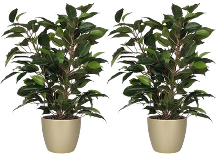 Mica Decorations 2x stuks groene ficus kunstplant 40 cm met plantenpot parelgoud D13.5 en H12.5 cm