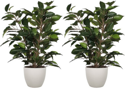 Mica Decorations 2x stuks groene ficus kunstplant 40 cm met plantenpot taupe D13.5 en H12.5 cm
