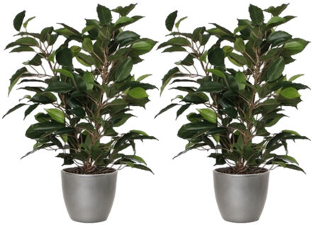 Mica Decorations 2x stuks groene ficus kunstplant 40 cm met plantenpot zilver metallic D13.5 en H12.5 cm - Kunstplanten Zilverkleurig