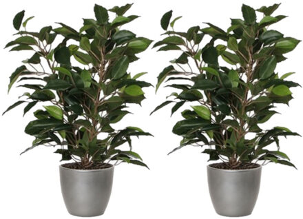 Mica Decorations 2x stuks groene ficus kunstplant 40 cm met plantenpot zilver metallic D13.5 en H12.5 cm