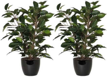 Mica Decorations 2x stuks groene ficus kunstplant 40 cm met plantenpot zwart D13.5 en H12.5 cm - Kunstplanten