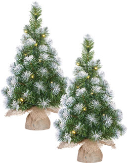 Mica Decorations 2x stuks groene LED verlichte kunstboom met 15 LED lampjes en sneeuw 60 cm - Kunstkerstboom