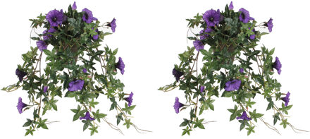 Mica Decorations 2x stuks groene Petunia paarse bloemen kunstplanten 50 cm - Kunstplanten