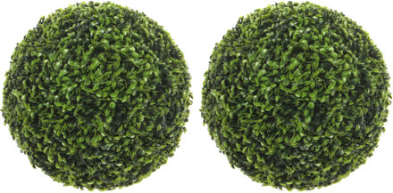 Mica Decorations 2x stuks kunstplant buxus bol - theeblad - groen - d37 cm - uv-bestendig - buxusplant - buxusbol