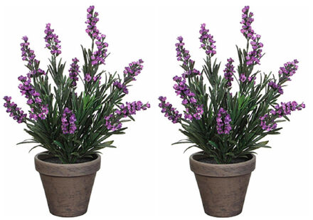 Mica Decorations 2x stuks lavendel kunstplanten/kamerplanten paars in grijze sierpot H33 cm x D20 cm