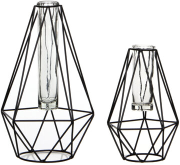 Mica Decorations 2x Stuks metalen diamant draad vaasjes zwart met glas 17 en 24 cm