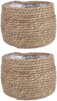 Mica Decorations 2x stuks naturel beige rotan planten pot mand van gedraaid jute/riet H15 en D18 cm - Plantenpotten