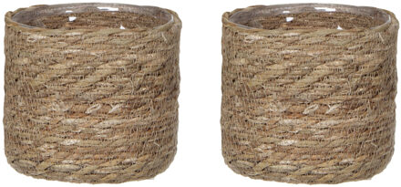 Mica Decorations 2x stuks naturel bruin rotan planten pot mand van gedraaid jute/riet H14 en D14 cm - Plantenpotten