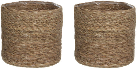 Mica Decorations 2x stuks naturel bruin rotan planten pot mand van gedraaid jute/riet H16 en D16 cm - Plantenpotten