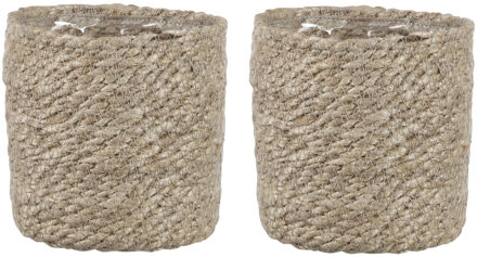 Mica Decorations 2x stuks naturel rotan planten pot mand van gedraaid jute/riet H12 en D12 cm - Plantenpotten Crème