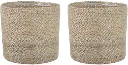 Mica Decorations 2x stuks naturel rotan planten pot mand van gedraaid jute/riet H20 en D20 cm - Plantenpotten Crème