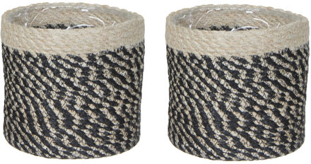 Mica Decorations 2x stuks naturel zwart rotan planten pot mand van gedraaid jute/riet H12 en D12 cm