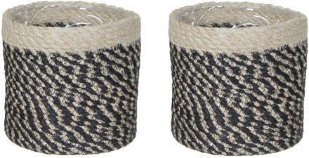 Mica Decorations 2x stuks naturel zwart rotan planten pot mand van gedraaid jute/riet H14 en D14 cm