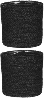 Mica Decorations 2x stuks naturel zwart rotan planten pot mand van gedraaid jute/riet H14 en D14 cm