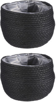 Mica Decorations 2x stuks naturel zwart rotan planten pot mand van gedraaid jute/riet H15 en D18 cm