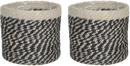 Mica Decorations 2x stuks naturel zwart rotan planten pot mand van gedraaid jute/riet H20 en D20 cm - Plantenpotten