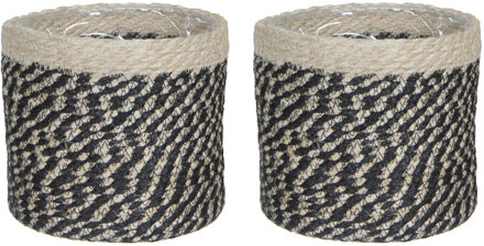 Mica Decorations 2x stuks naturel zwart rotan planten pot mand van gedraaid jute/riet H20 en D20 cm
