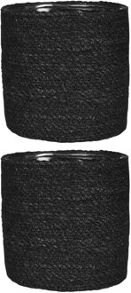 Mica Decorations 2x stuks naturel zwart rotan planten pot mand van gedraaid jute/riet H20 en D20 cm
