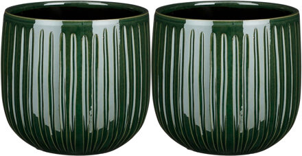 Mica Decorations 2x stuks plantenpot/bloempot donkergroen ribbels - D25/H20 cm