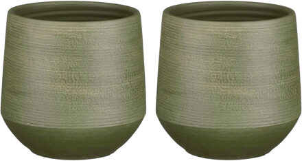 Mica Decorations 2x Stuks Plantenpot/bloempot keramiek donkergroen relief patroon - D19/H18 cm