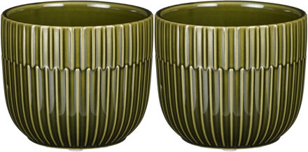 Mica Decorations 2x Stuks Plantenpot/bloempot keramiek glans donkergroen stripes patroon - D11/H9 cm - Plantenpotten