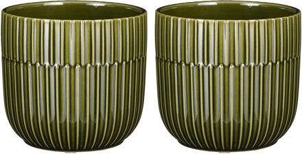 Mica Decorations 2x Stuks Plantenpot/bloempot keramiek glans donkergroen stripes patroon - D12.5/H11 cm - Plantenpotten