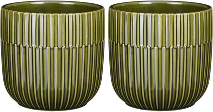 Mica Decorations 2x Stuks Plantenpot/bloempot keramiek glans donkergroen stripes patroon - D14/H13 cm - Plantenpotten