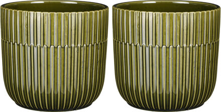 Mica Decorations 2x Stuks Plantenpot/bloempot keramiek glans donkergroen stripes patroon - D17.5/H16 cm - Plantenpotten