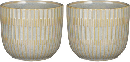 Mica Decorations 2x Stuks Plantenpot/bloempot keramiek lichtgrijs stripes patroon - D11/H9 cm - Plantenpotten