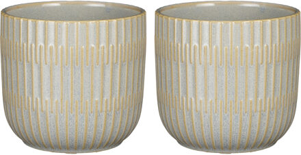 Mica Decorations 2x Stuks Plantenpot/bloempot keramiek lichtgrijs stripes patroon - D12.5/H11 cm - Plantenpotten