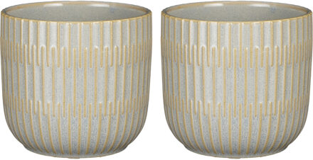 Mica Decorations 2x Stuks Plantenpot/bloempot keramiek lichtgrijs stripes patroon - D12.5/H11 cm