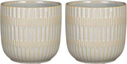 Mica Decorations 2x Stuks Plantenpot/bloempot keramiek lichtgrijs stripes patroon - D14/H13 cm - Plantenpotten