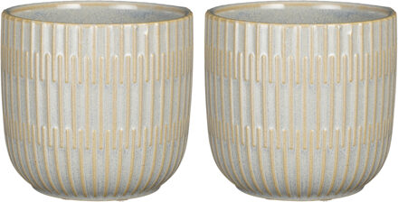 Mica Decorations 2x Stuks Plantenpot/bloempot keramiek lichtgrijs stripes patroon - D14/H13 cm
