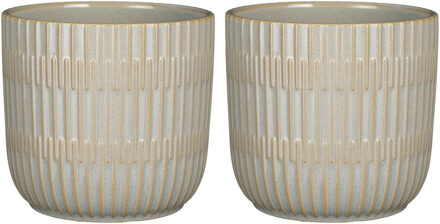 Mica Decorations 2x Stuks Plantenpot/bloempot keramiek lichtgrijs stripes patroon - D17.5/H16 cm - Plantenpotten