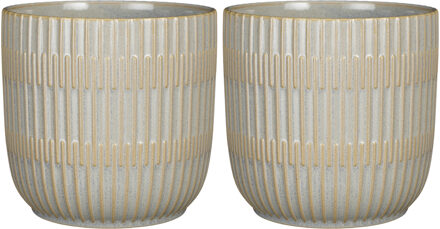 Mica Decorations 2x Stuks Plantenpot/bloempot keramiek lichtgrijs stripes patroon - D19/H18 cm - Plantenpotten