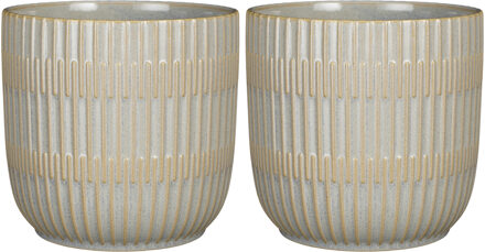 Mica Decorations 2x Stuks Plantenpot/bloempot keramiek lichtgrijs stripes patroon - D19/H18 cm