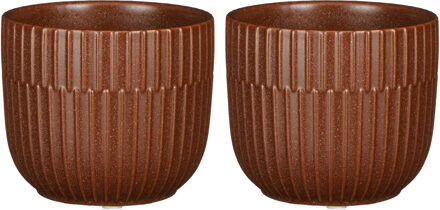 Mica Decorations 2x stuks Plantenpot/bloempot keramiek mat bruin stripes patroon - D11/H9 cm - Plantenpotten