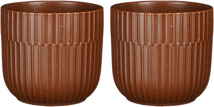 Mica Decorations 2x Stuks Plantenpot/bloempot keramiek mat bruin stripes patroon - D12.5/H11 cm - Plantenpotten