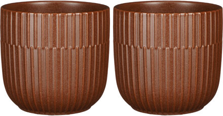 Mica Decorations 2x Stuks Plantenpot/bloempot keramiek mat bruin stripes patroon - D14/H13 cm - Plantenpotten