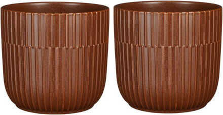 Mica Decorations 2x Stuks Plantenpot/bloempot keramiek mat bruin stripes patroon - D17.5/H16 cm - Plantenpotten