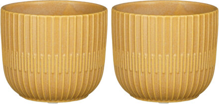 Mica Decorations 2x Stuks Plantenpot/bloempot keramiek mat okergeel stripes patroon - D10/H9 cm - Plantenpotten