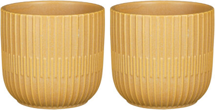 Mica Decorations 2x Stuks Plantenpot/bloempot keramiek mat okergeel stripes patroon - D12.5/H11 cm - Plantenpotten