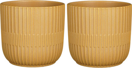 Mica Decorations 2x Stuks Plantenpot/bloempot keramiek mat okergeel stripes patroon - D17.5/H16 cm - Plantenpotten